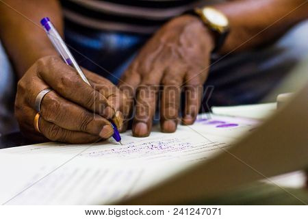 Signing On An Important Paper. Marriage Registration Witness Hands