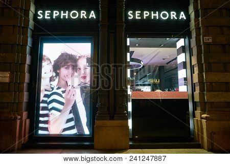 MILAN, ITALY - CIRCA NOVEMBER, 2017: Sephora store in Milan. Sephora is a French chain of cosmetics stores.