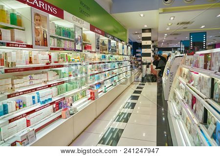 MILAN, ITALY - CIRCA NOVEMBER, 2017: inside Sephora store in Milan. Sephora is a French chain of cosmetics stores.