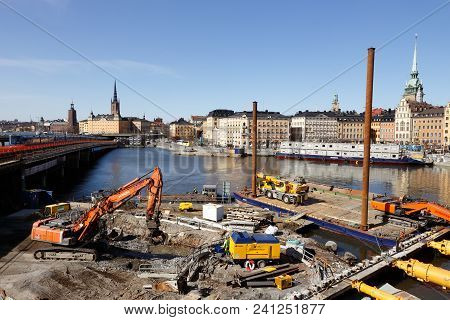 Stockholm, Sweden - April 11, 2018: Construction Site With Works With Reconstruction Of The Slussen 