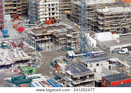 Orebro, Sweden - April 7, 2018: Aerial View Of The Construction Site For Apartment Buildings At The 