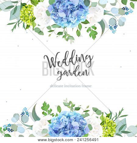Summer Botanical Vector Design Banner. Light Blue Hydrangea, White Rose, Forget Me Not Wildflowers, 