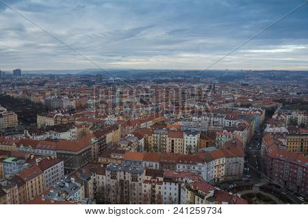 Skyview On The Streets And Houses Of Zizkov, Prague, Czech Republic From A Tv Tower. Cloudy Morning.