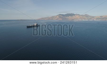 Aerial View: Cargo, Reefer Ship In The Sea Bay. Subic Bay, Philippines, Luzon. Cargo Ship In The Har