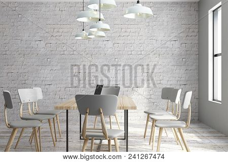 Clean Loft Meeting Room Interior With Furniture, Equipment, City View And Daylight. 3d Rendering