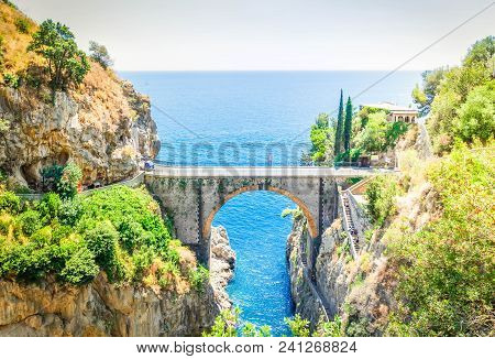 Famous Picturesque Road Viaduct Of Amalfitana Summer Coast, Italy Toned Image