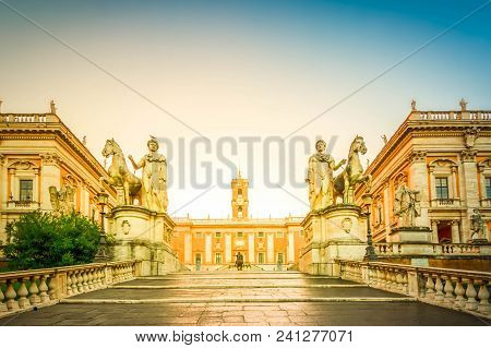 Campidoglio Square With Entrance Stairs At Sunrise, Capitoline Hill In Rome, Italy , Toned Image