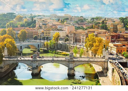 Bridge Ponte Vittorio Ii With Tiber River And Cityscape Of Rome At Fall, Italy , Toned Image