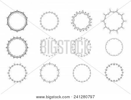 Set Of Round Decorative Frames. Vintage Black Circulars Borders Isolated On White Background. Vector