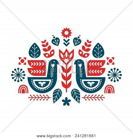Composition Template With Birds And Decorative Elements. Folk Art Floral Illustration.