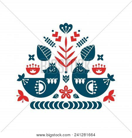 Folk Art Composition With Birds And Decorative Elements. Vector Card Design.