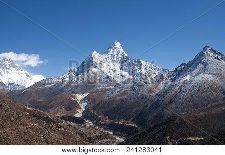 Ama Dablam Mount And Pangboche Village View From Sagarmatha National Park, Everest Region, Khumbu, N