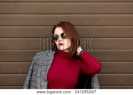 Autumn Sunny Lifestyle Fashion Portrait Of Young Stylish Hipster Woman Walking On The Street