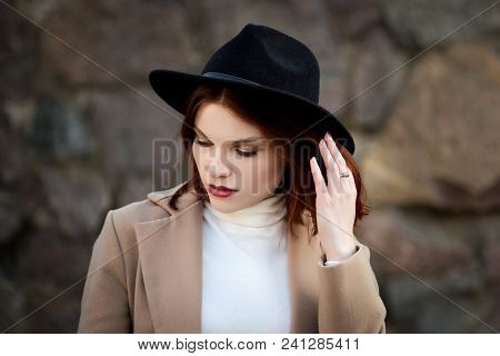 Lifestyle Fashion Portrait Of Young Stylish Hipster Woman Walking On The Street