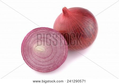 Red Whole And Sliced Onion Isolated On White Background.