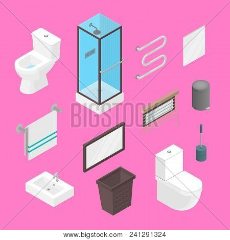 Vector Bathroom Isometric Furniture Interior Elements Set. Lavatory Elements And Equipment Set Isola