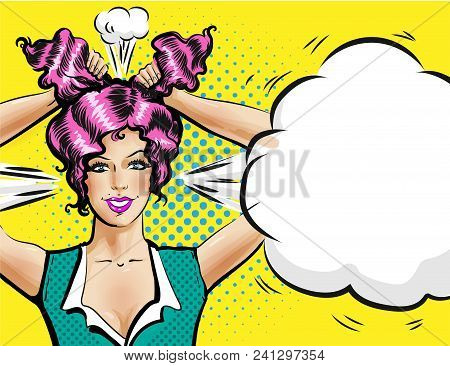 Vector Portrait Of Joyful Smiling Girl Holding Two Plaits With Her Hands On Her Head. Illustration O