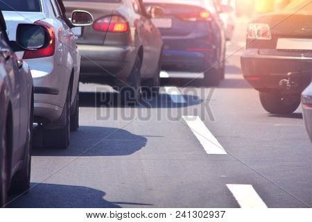 Peak Hour And Traffic Jam On A Highway Street In A Big City.