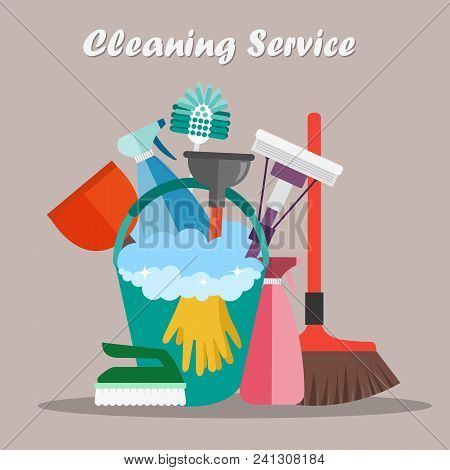Equipment Cleaning Service Concept. Poster Template For House Cleaning Services With Various Tools. 