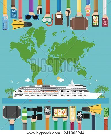 Cruise Lainer Travel Flat Design With Map Land.vector Illustration