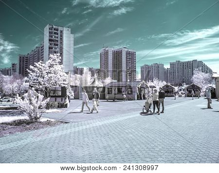 Moscow, Russia - May 09.2018: Infrared Photography. Festive Fair On Victory Day On May 9 In The Novo