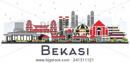 Bekasi Indonesia City Skyline with Color Buildings Isolated on White. Business Travel and Tourism Concept with Historic Architecture. Bekasi Cityscape with Landmarks.
