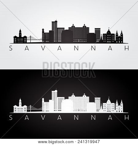 Savannah Usa Skyline And Landmarks Silhouette, Black And White Design, Vector Illustration.