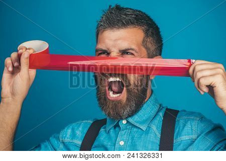 Screaming Bearded Man Glued His Nose Insulating Tape. Casual Man In Denim Shirt With Duct Tape Cover