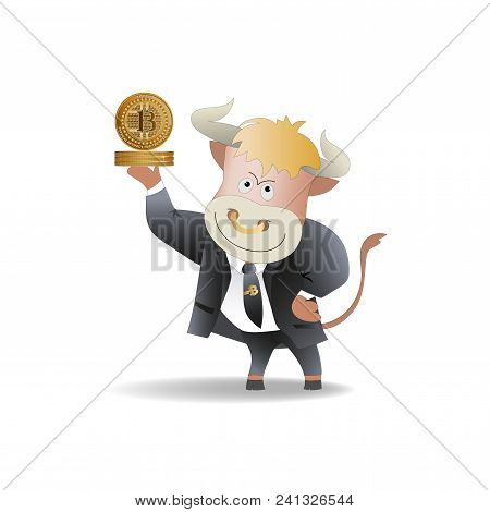 Bull Businessman Demonstrates Bitcoins. The Trader. Cryptography, An Illustration Of Financial Techn
