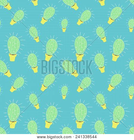 Home Blossom Green Cactus In Yellow Pot In Doodle Style, Flat Cartoon Colors, Seamless Pattern Isola