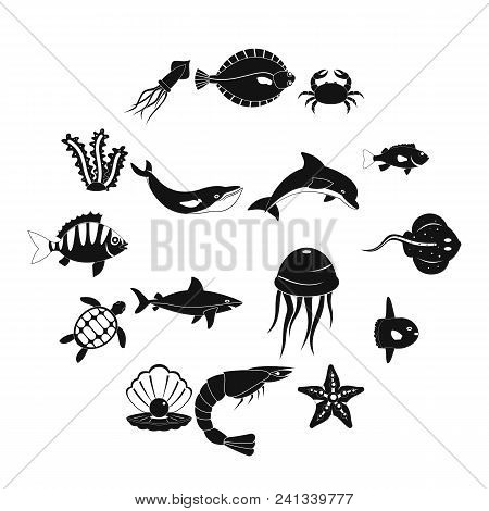 Sea Animals Icons Set. Simple Illustration Of 16 Sea Animals Vector Icons For Web