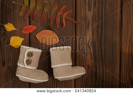 Knitted Clothes On Autumn Fallen Multi-colored Leaves Wooden Background