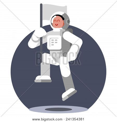Woman Cosmonaut In Helmet Jumps With Flag In Her Hand. Vector Illustration, Eps 10