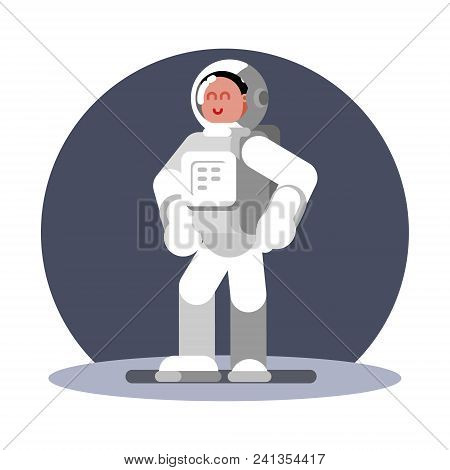 Woman Cosmonaut In Helmet Standing. Vector Illustration, Eps 10