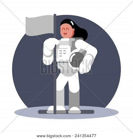 Woman Cosmonaut Standing With Flag. Vector Illustration, Eps 10