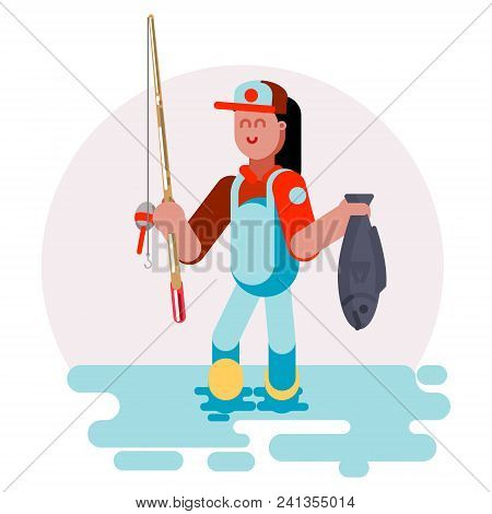 Woman Standing In Water With Fish In Her Hands. Vector Illustration, Eps 10