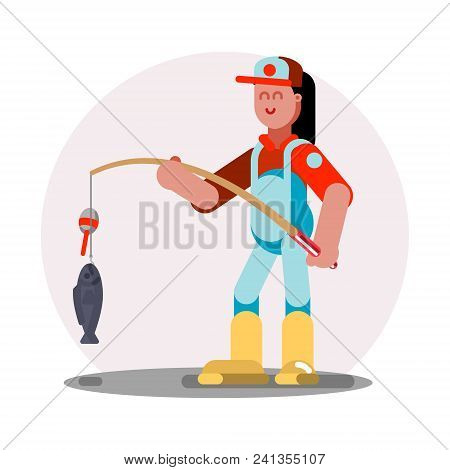 Woman Standing With Fishing Rod And Fish On It. Vector Illustration, Eps 10
