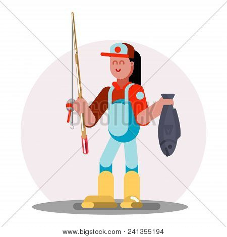 Woman Standing With Fishing Rod And Fish. Vector Illustration, Eps 10
