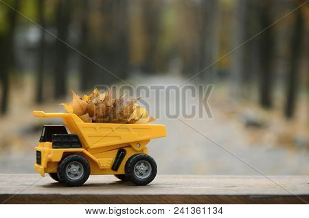 The Concept Of Seasonal Harvesting Of Autumn Fallen Leaves Is Depicted In The Form Of A Toy Yellow T