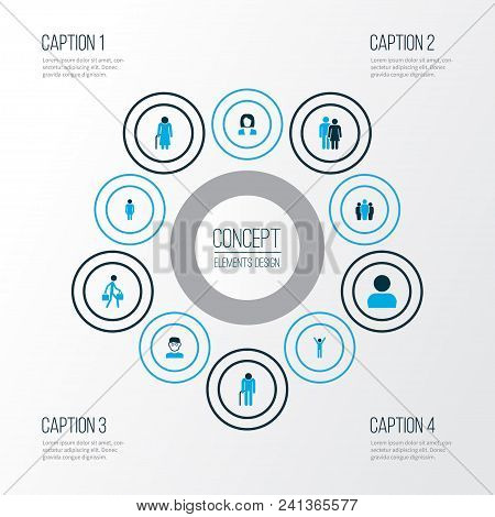 Person Icons Colored Set With Team, Profile, Greybeard And Other Oldster Elements. Isolated Vector I