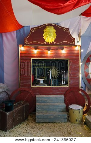 Colorful Circus Deocorations Lie Folded In The Corner. They Are Ready For Use In The Circus