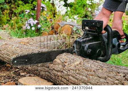 Man Is Sawing A Wooden Log With An Electric Chain Saw