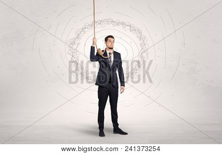 Burnout young elegant businessman trying to suicide with doodle concept