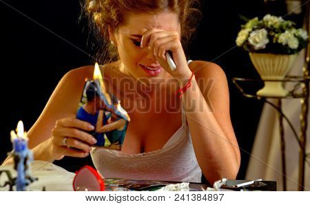 Wedding memories. Broken heart woman. Couple break up. Sad bride on unhappy wedding. Woman and groom quarrel. Portrait crying female. Family has divorce. Obsession with beloved. Destruction of
