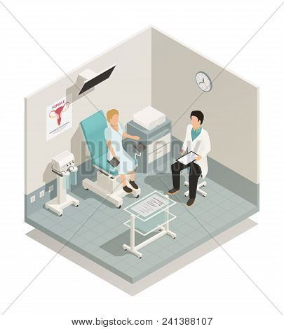Isometric Composition With Woman Being Examined In Gynecology Cabinet On White Background 3d Vector 