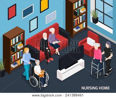 Nursing Home Isometric Composition With Working Staff Elderly People In Wheelchair With Walkers And 