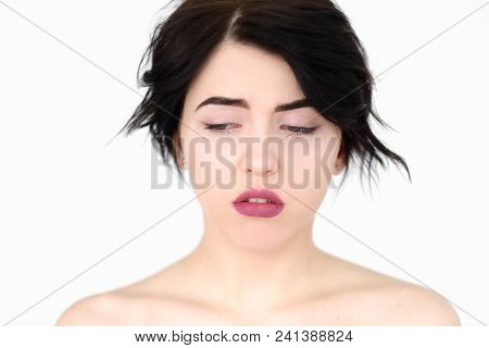 Emotion Face. Downhearted Depressed Rueful Frustrated Sad Woman. Young Beautiful Brunette Girl Portr