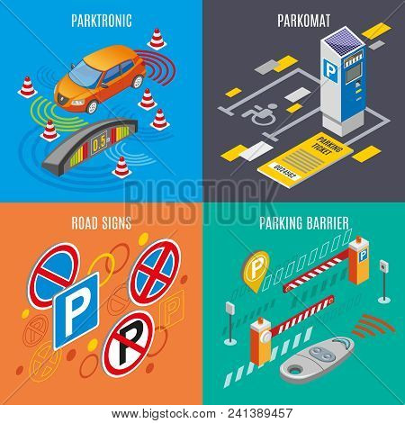 Isometric Parking Icon Set With Parktronic Parkomat Road Sings And Parking Barriers Descriptions Vec