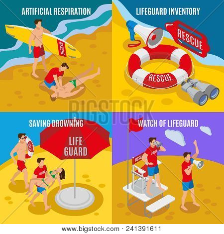 Beach Lifeguards 2x2 Design Concept  Set Of Artificial Respiration Lifeguard Inventory Saving Drowni