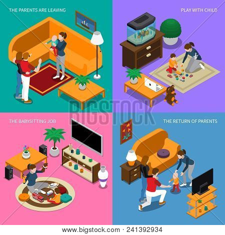 Baby Sitter Job, Parents Leaving And Returning Home, Nanny Plays With Child, Isometric Concept Isola
